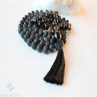 8mm black lava tiger eye gemstone tassel mala necklace veins tassel healing handmade wristband gemstone pray chakas chain