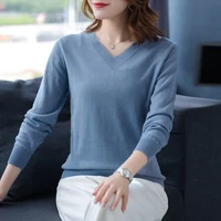autumnwinter 2021 solid color long sleeves for women with v neck knit bottom top for women with loose skinny jumper