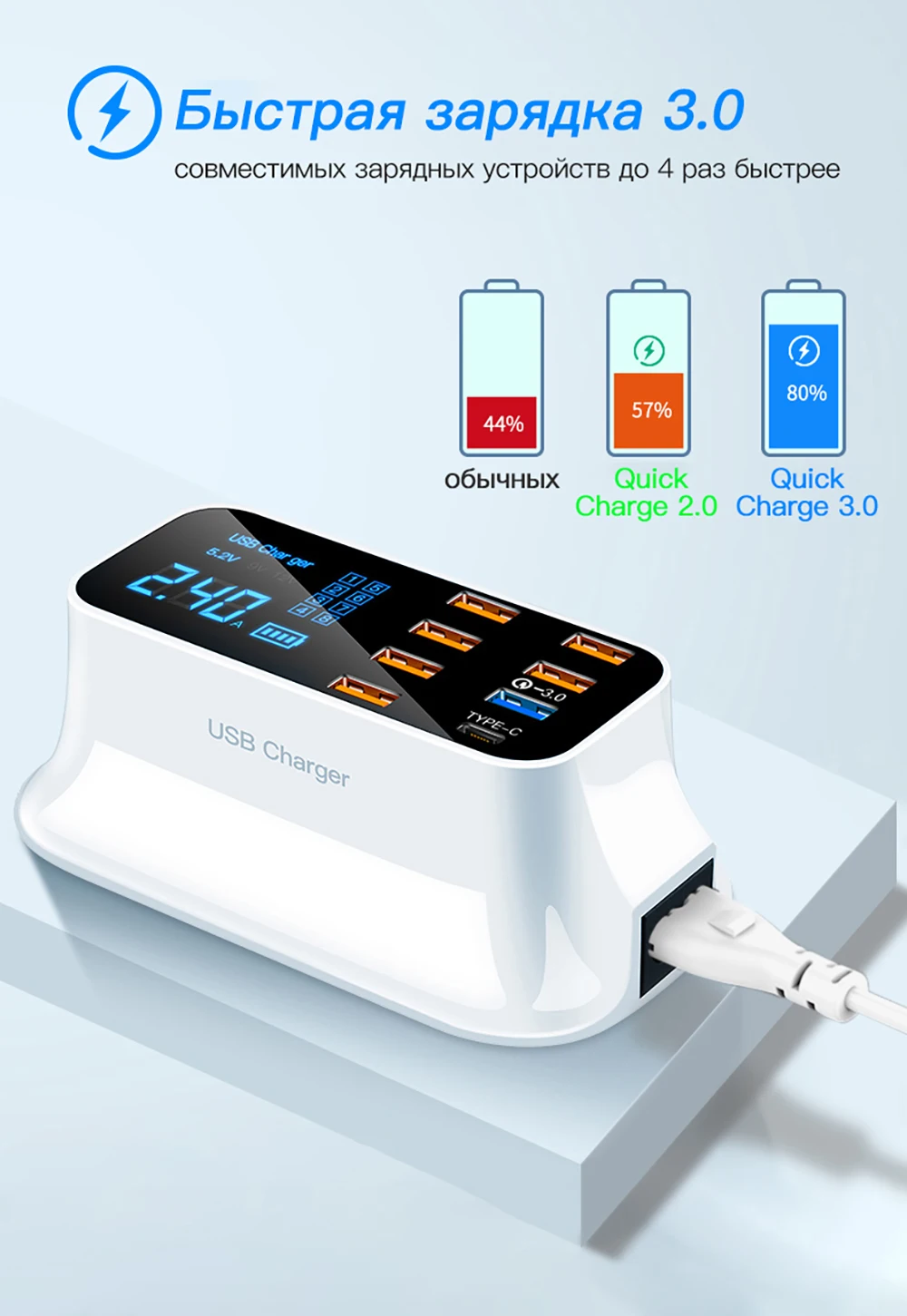 6 USB+ 1 QC3.0+ 1 USB зарядное устройство быстрое зарядное устройство 3,0 Настольный светодиодный дисплей для Android Iphone адаптер телефон планшет быстрая зарядка