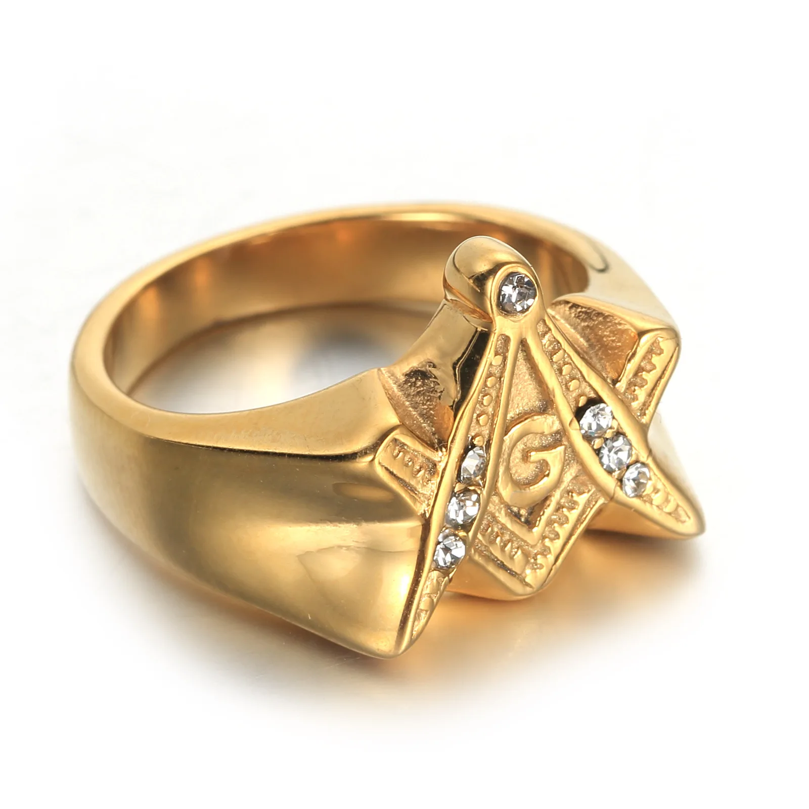 White Zircon Men's Gold Free Mason Freemason Masonic 316L Stainless Steel Ring