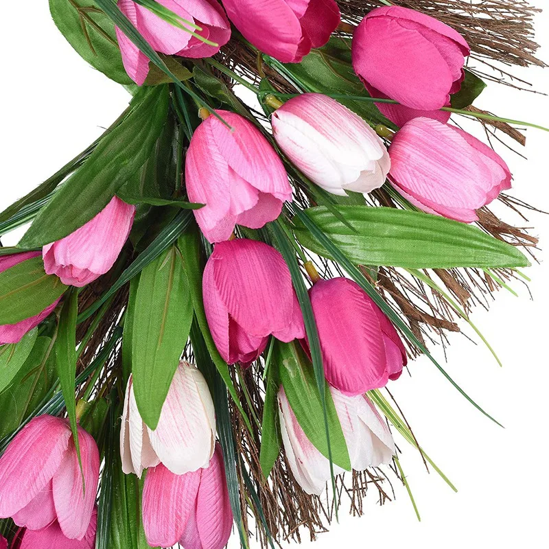 

18 Inch Tulip Wreath Door Spring Twig Wreath Floral Artificial Flower Wreath Adorn with Pink Tulips for Front Door Wall Window P