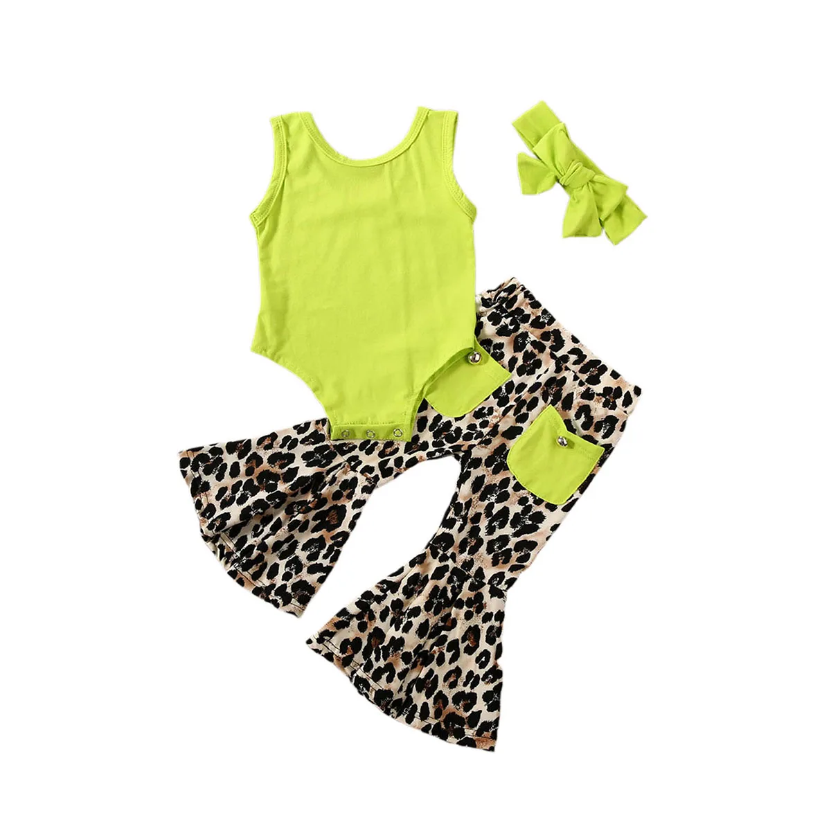 

2021 Fashion Baby Girls Clothes Sets 3Pcs Sleeveless Tops Romper Leopard Flared Pants Headband Newborn Baby Girl Outfits 0-24M