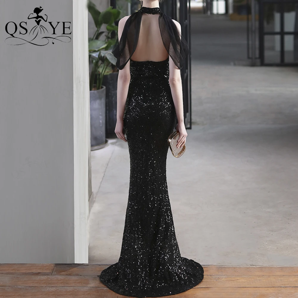 

Halter Black Evening Dresses Mermaid Prom Gown Tulle Sleeves Sequin Party Dress Long Black Formal Gown Beadings Women Dress
