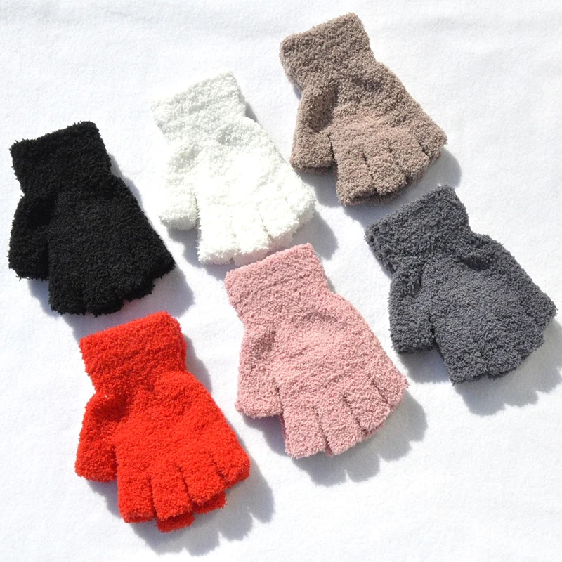 

Solid Color Couple Mittens Coral Fleece Fingerless Gloves Comfortable Soft Furry Half-fingers Gloves Men Women Winter Gloves