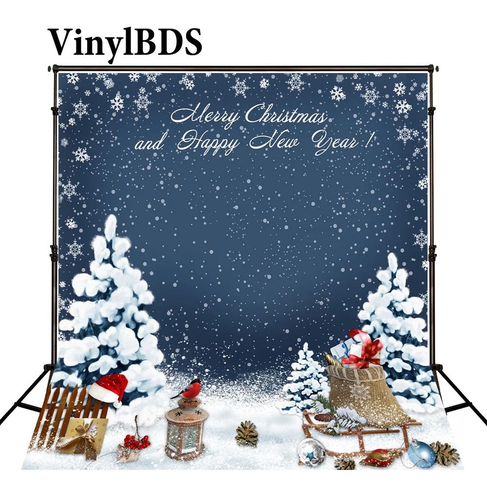 

VinylBDS Merry Christmas Backdrop Red Hat Snow Falling Sled Winter Blue Photographic Background For Photo Studio J02151