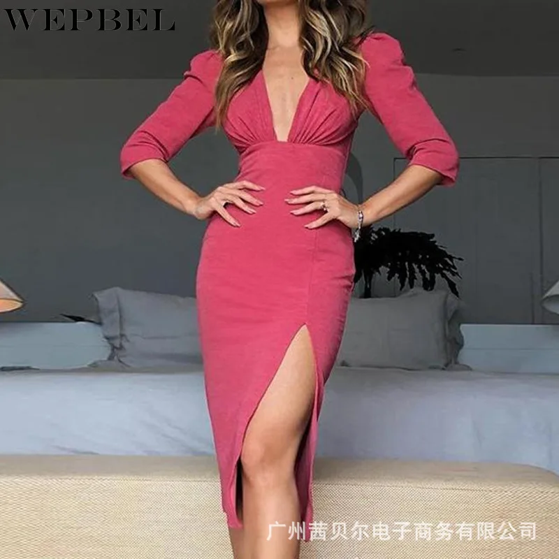

WEPBEL Sexy Slim Fit Dress Women's High Waist Pleated Dress Summer Three Quarter Sleeve V-neck Solid Color Split Dress