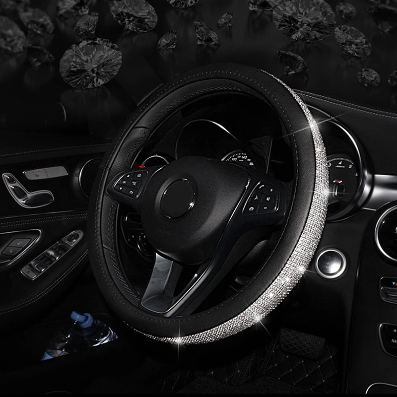 

1pc Steering Wheel Cover 38cm Replacement Auto Handmade Leather+Rhinestone