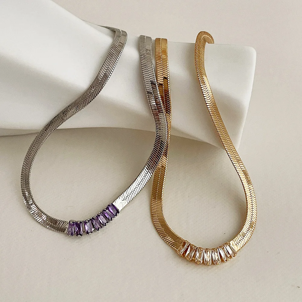 SRCOI блестящие простые широкие плоские змеиные костяшки ожерелье с цирконом