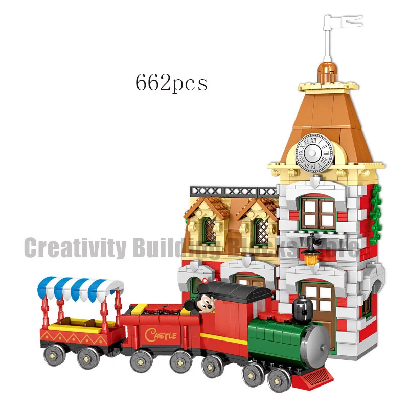 Новый Disney строительные блоки игрушки железнодорожного вокзала Микки и Минни