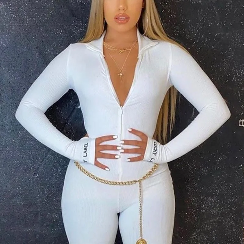

2020 Summer Women Sexy Skinny Playsuit Long Sleeve Turtleneck Zipper Bodycon Bodysuit Jumpsuits Biker Shorts Outfits