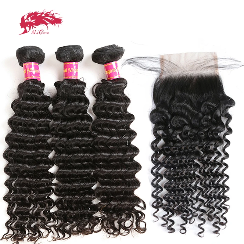 Али искусственные волосы Queen hair глубокая волна Комплект с закрытием бразильские необработанные неповрежденные неокрашенные натуральные человеческие волосы 4x4 кружева средняя часть двойные вытянутые