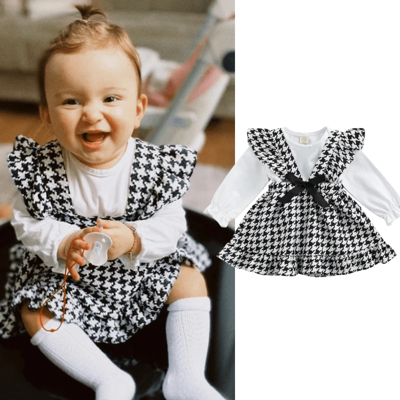 

Комплект для новорожденных девочек Lioraitiin, осенний комплект из 2 предметов, милый белый комбинезон с длинным рукавом «гусиные лапки», юбка на подтяжках, 0-24 месяца