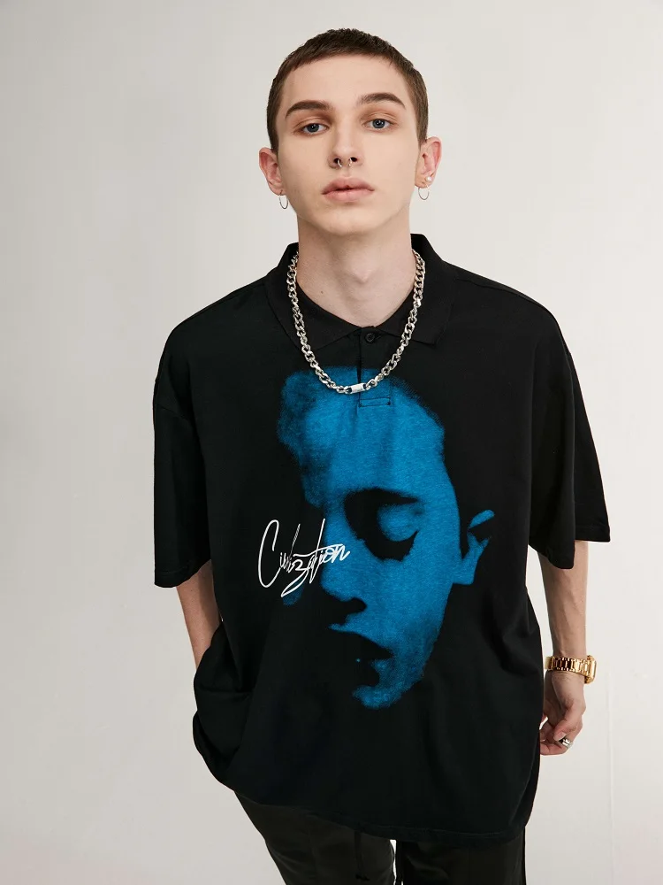 

2021 summer new street fashion polo collar dark half face print personality loose T-shirt men