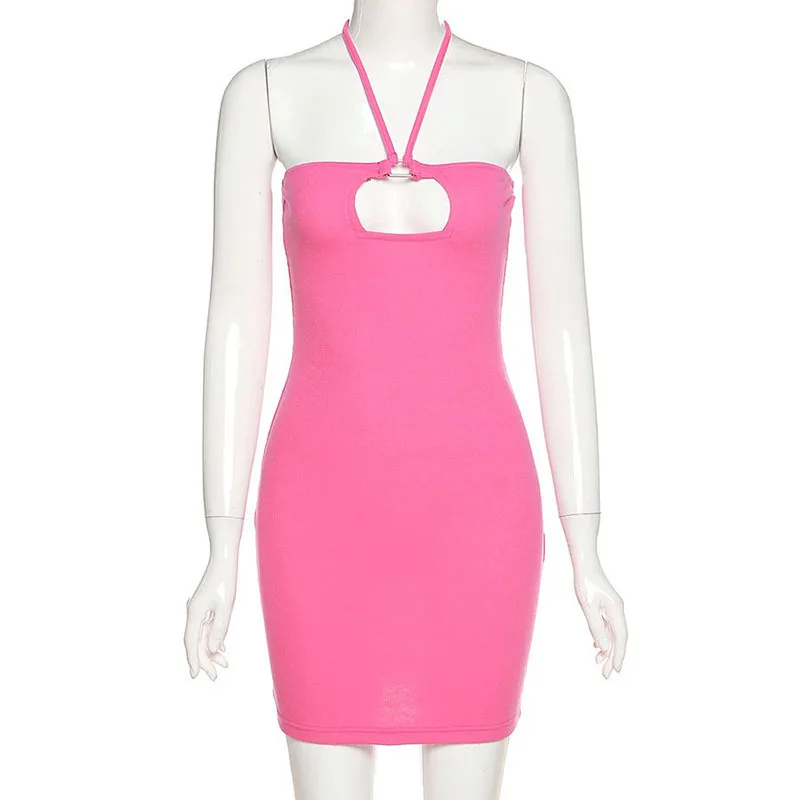 

Sexy Pink Dresses for Women Hollow Neck 2021 New Summer Sleeveless Spaghetti Bodycon Mini Dress Streetwear Camisole Dresses