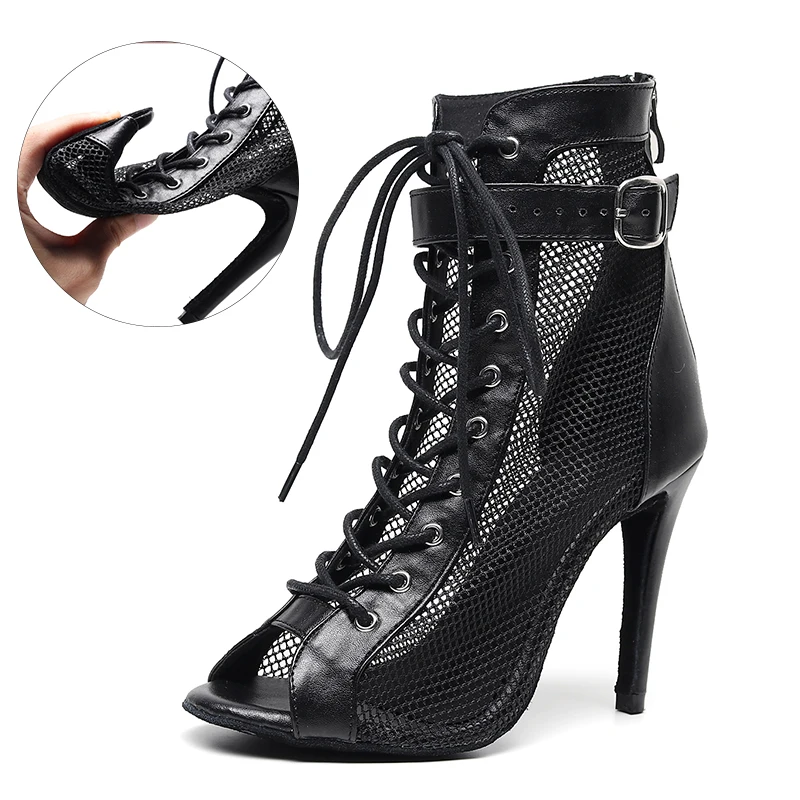

Ladies Black Nude Ballroom Dance Boots Women Mesh High Heels Dance Booties Girls Soft Bottom Bachata Salsa Lantin Dance Shoes