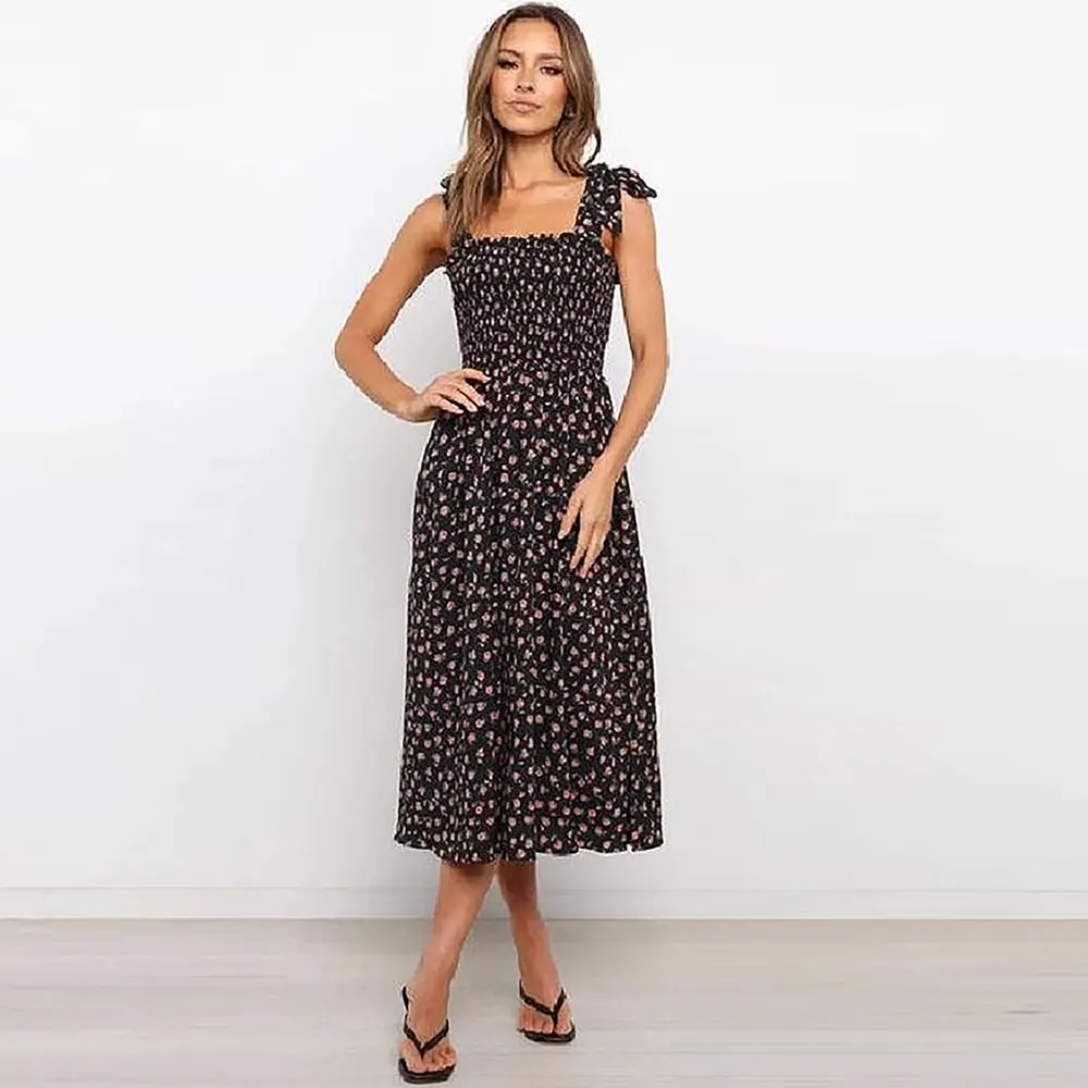 

WildPinky Summer Women Floral Print Dress Elegant Wrap Strapless A line Slash Neck High Waist Sleeveless Casual Lady Dress 2022
