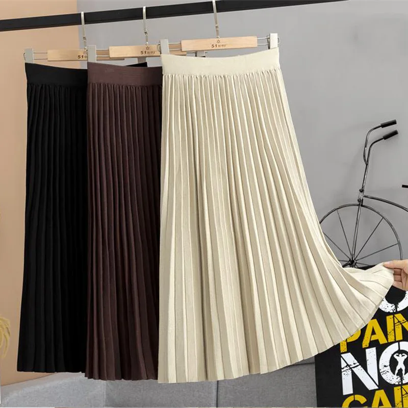 SINGRAIN Women Knitted Pleated Skirt Autumn Winter Korean Casual Loose Thick Warm A-line High Waist Long Sweater Skirts | Женская одежда