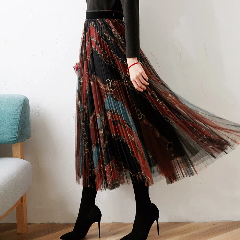 

New super fairy printing net veil skirts female qiu dong the a word pleated skirt of tall waist skirt long veil