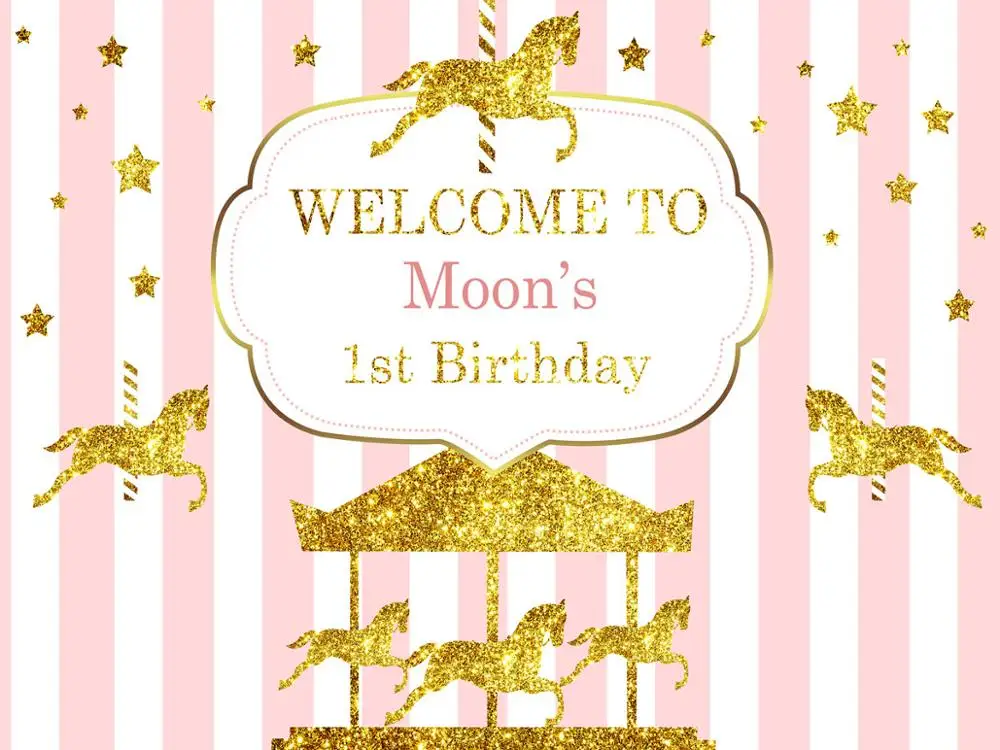 Фон для фотосессии VinylBDS Children 1st Birthday в розовых и золотистых тонах с цифровой принтованной картинкой принцессы на лошади.