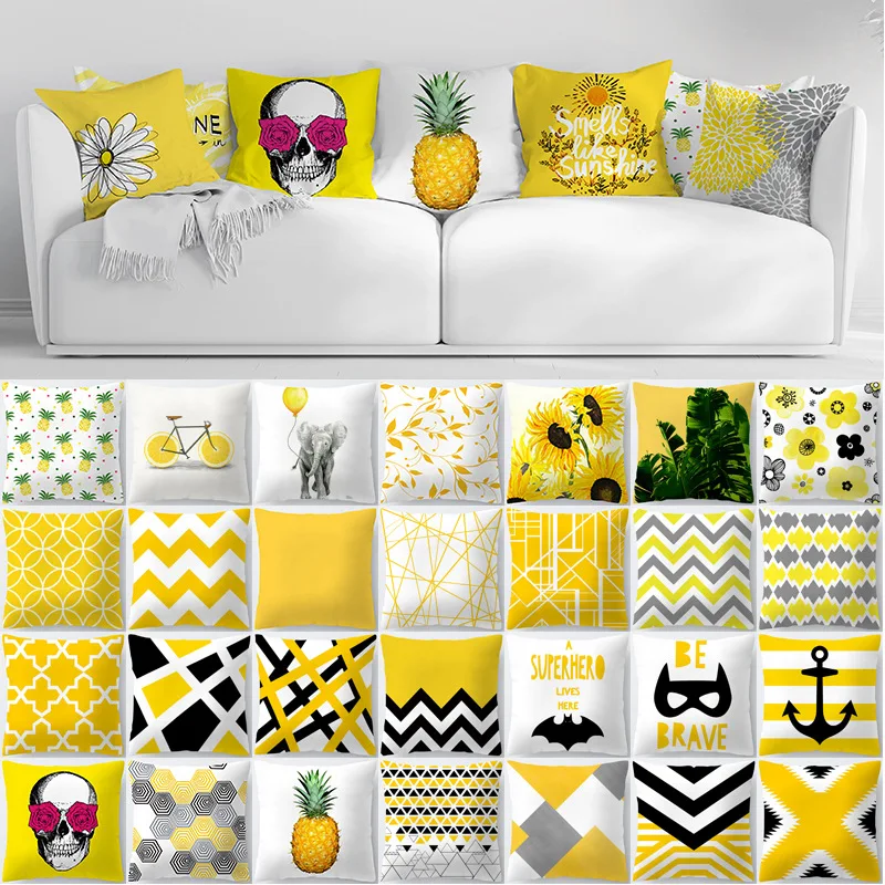 

Geometry Yellow Skulls Floral Cushion Pillow Cover Home Decorative Decor Sofa Room Pillowcase