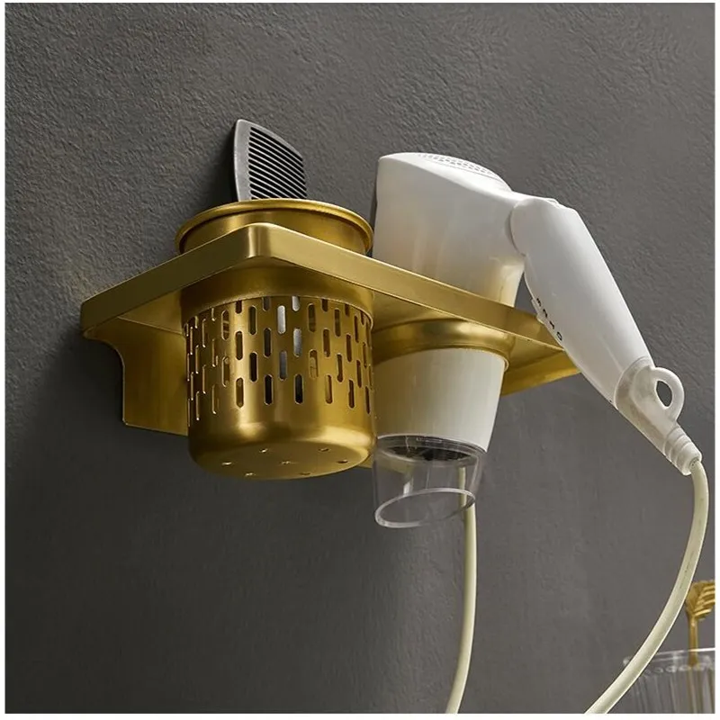 Nail or Free Bathroom Shelf Cosmetic Rack Brushed Gold Bath Hair Dryer Holder Wall Mounted Aluminum | Обустройство дома