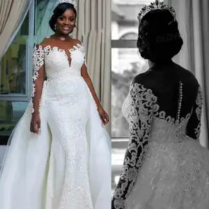 New Design Lace Wedding Dress Long Sleeves Illusion Mermaid Detachable Skirt Bridal Wedding Gown High Quality Vestido De