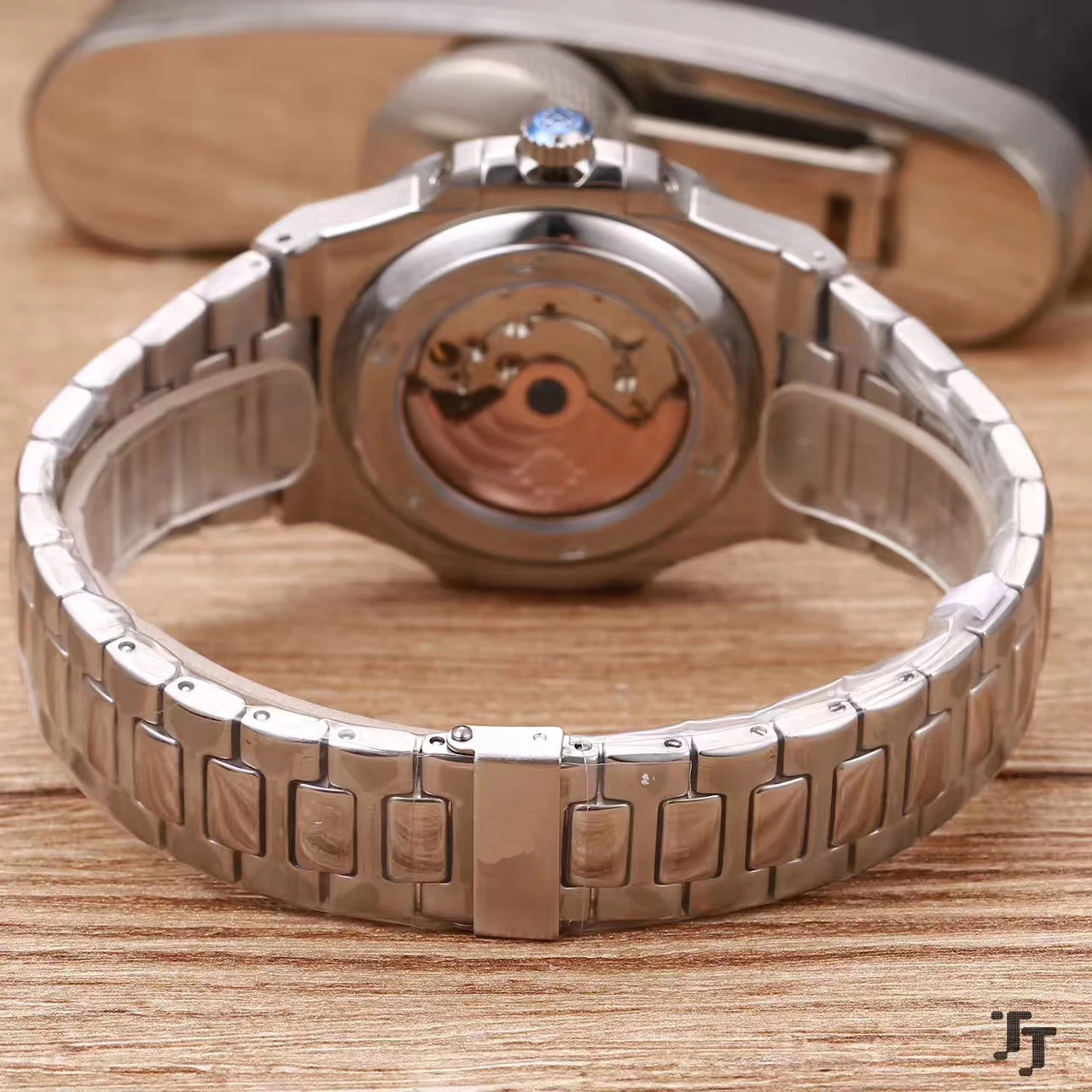 

Classic New Automatic Mechanical Men Watch Silver Sapphire Stainless Steel Transparent Glass Grey Blue Waterproof AAA+