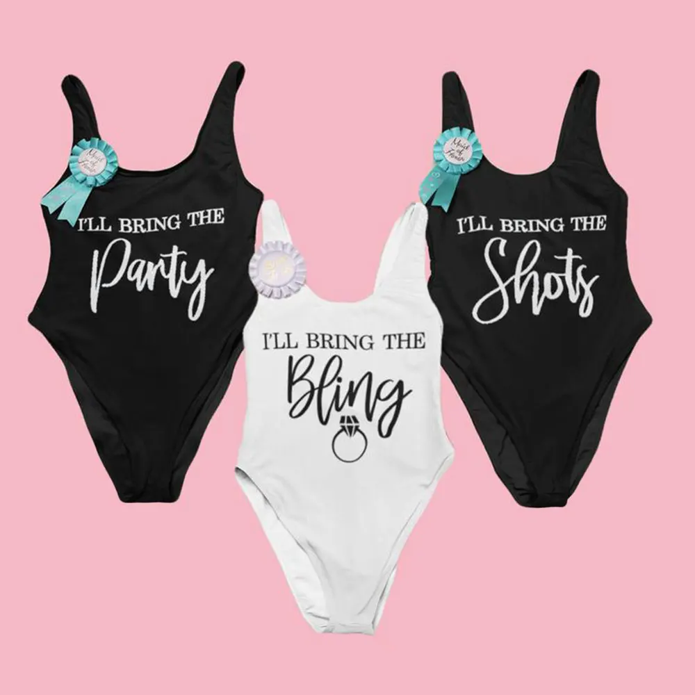 

Bachelorette Party Favor Swimsuits I'll Bring The Swimsuits Bridesmaids Gift One Piece Swimwear Girls Trip Bride Bathing Suit XL