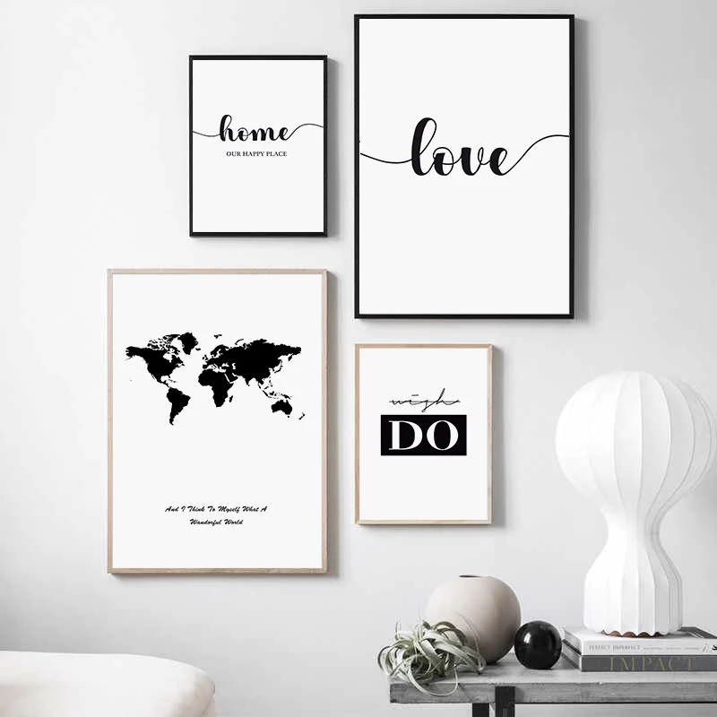 

Abstract World Map Wall Art Canvas Painting Modern Poster Black White Love Life Quote Print Minimalist Picture Living Room Decor