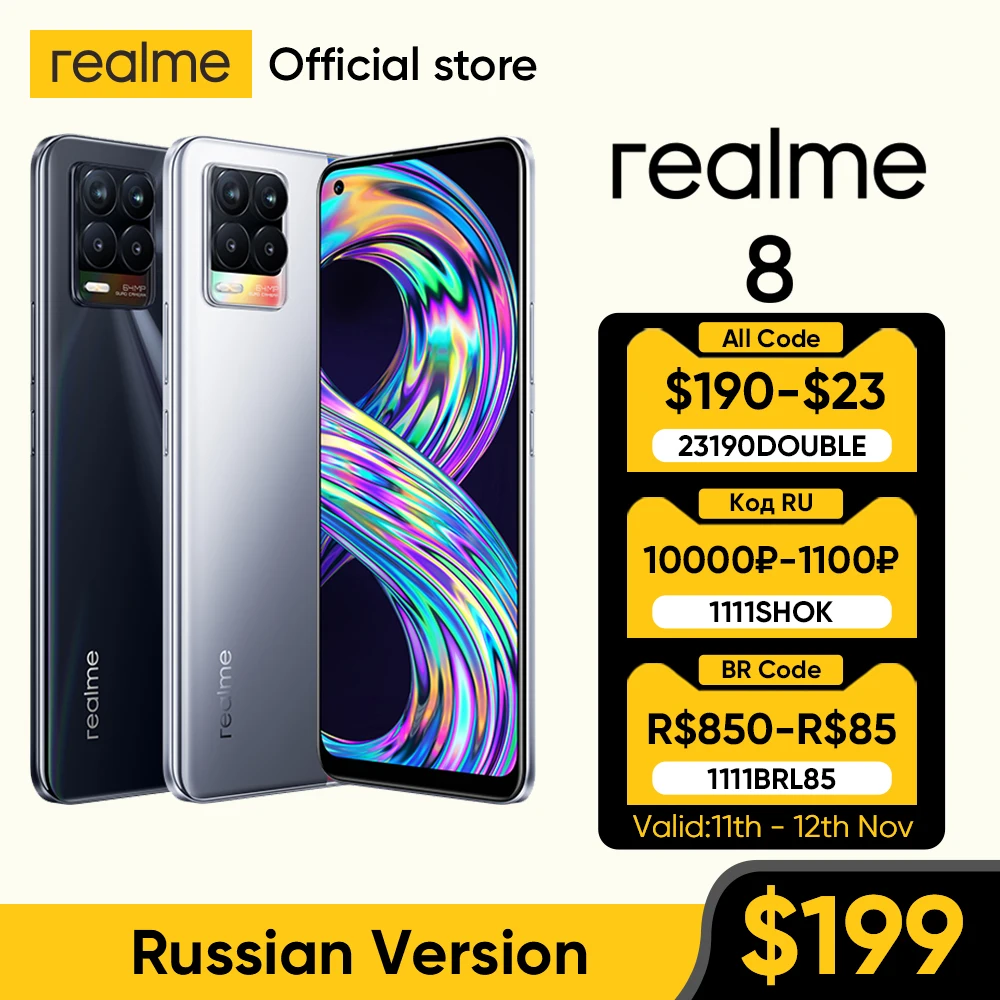 Realme 8 versione russa Smartphone 64MP Quad Camera Helio G95 6.44 "pollici AMOLED Display 5000mAh batteria 30W carica 6GB 128GB