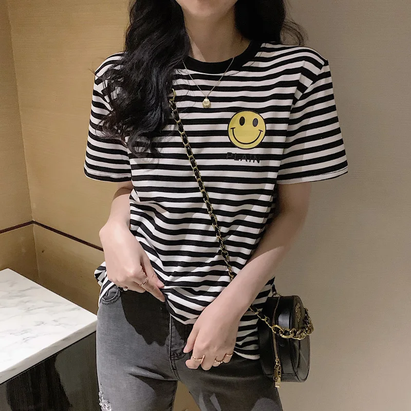 Женская футболка в черно белую полоску Летние повседневные топы с коротким