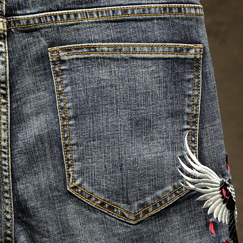 Джинсы мужские облегающие с вышивкой уличная одежда в японском и китайском стиле