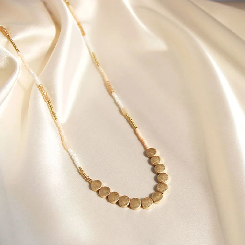 

Fashionable New Style Temperament Versatile Metal Disc Rice Beads Long Necklaces With Light Luxury Accessories Female Wholesale