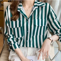 white black striped spring autumn chiffon blouse long sleeve 2021 blouses women shirts pocket tops woman clothes blusas female