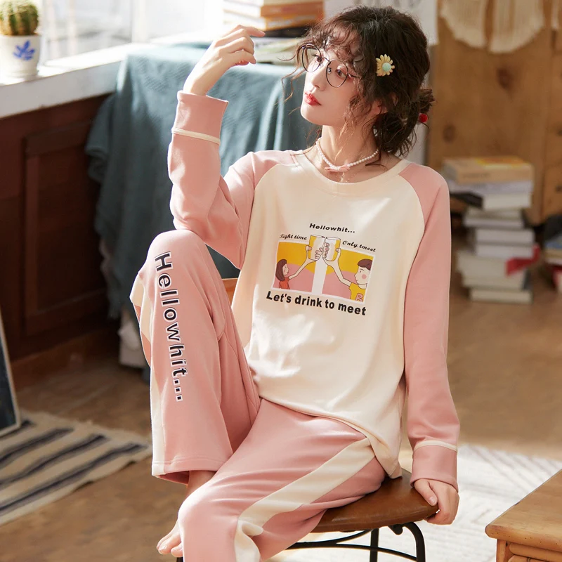 

XIFER Pajamas Women Spring and Autumn Style Korean Cute Princess Style Cotton Long-sleeved Cartoon Sweet Suit Home Service Suit