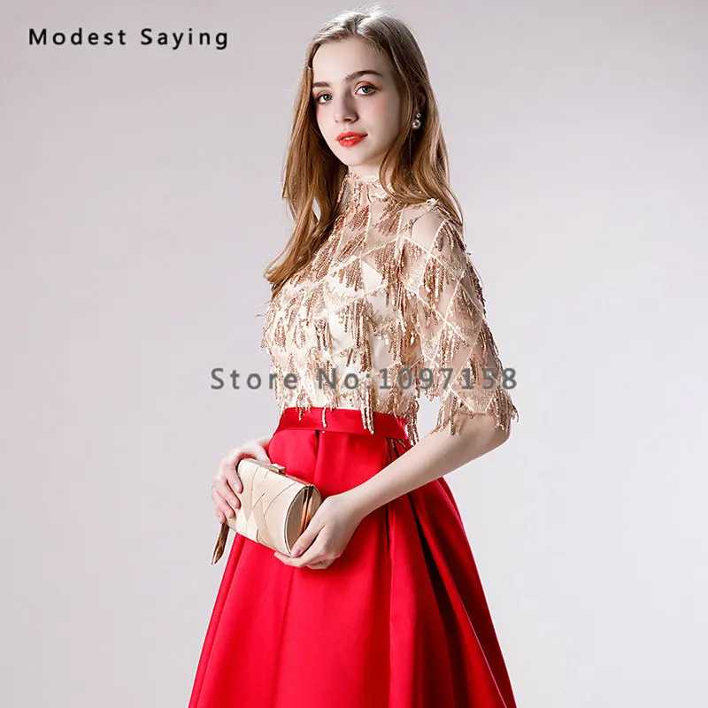 Elegant Wine Red A-Line High Neck Sequined Tassel Evening Dresses 2019 Formal Half Sleeves Lace Party Prom Gowns robe de soiree | Свадьбы и