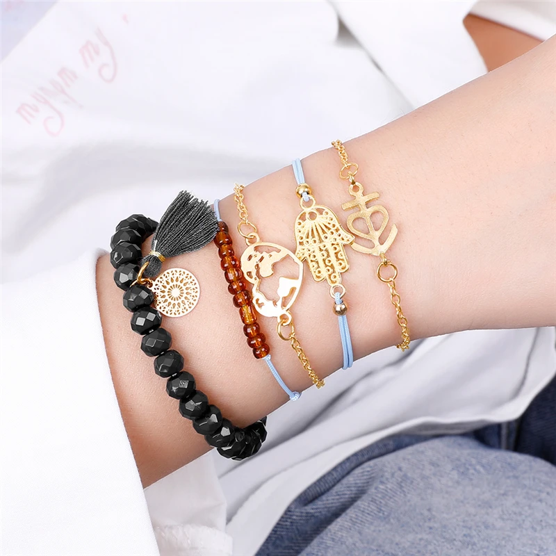 Женский комплект браслетов с бусинами изящные браслеты подвесками кисточками в