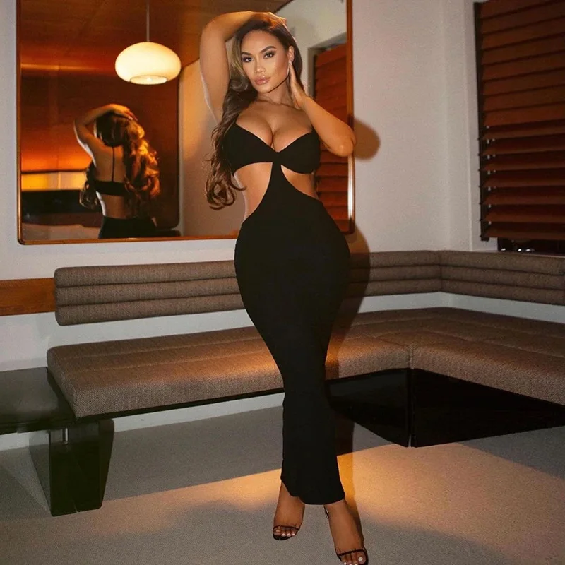 

New 2021 Summer Solid Color Long Dress Halter Neck Cutout Exposed Waist High Slit Design For Sexy Women To Dinner Party Femme