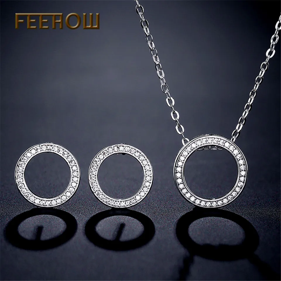 FEEHOW Fashion Cubic Zirconia Round Simple Earrings Necklace Set for Women Wedding Dinner Party Birthday Gift Jewelry FWSP3016 | Украшения
