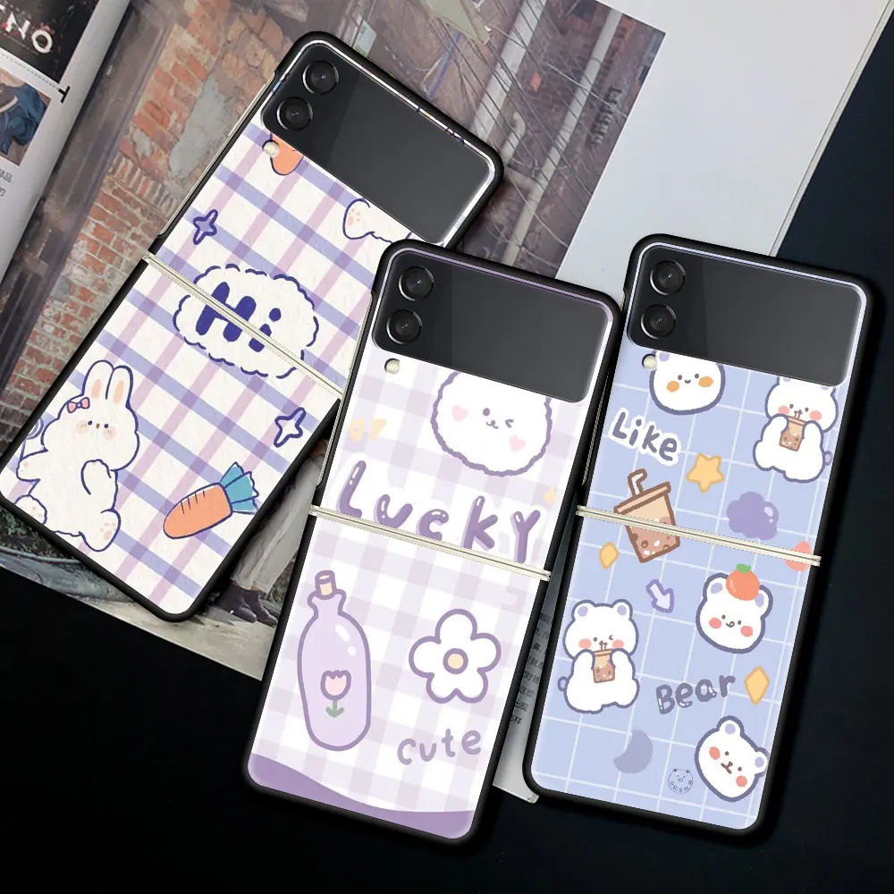 

Case For Samsung Galaxy Z Flip 3 5G PC Hard Cell Phone Cover ZFlip 6.7" Black Segmented Protect Coque Cute Rabbit Cartoon