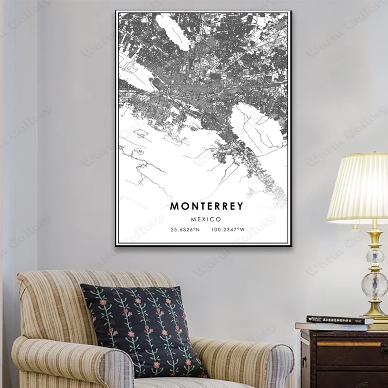 Черно-белая карта города Мексики Монтеррея плакат HD печать настенное искусство