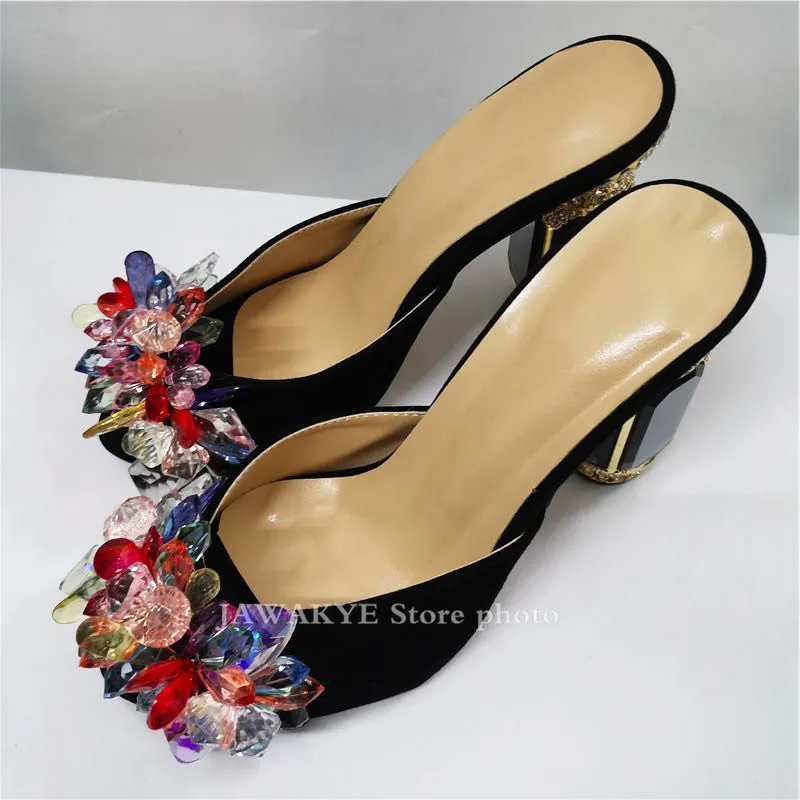 Новинка Роскошные летние шлепанцы на высоком массивном каблуке с драгоценными