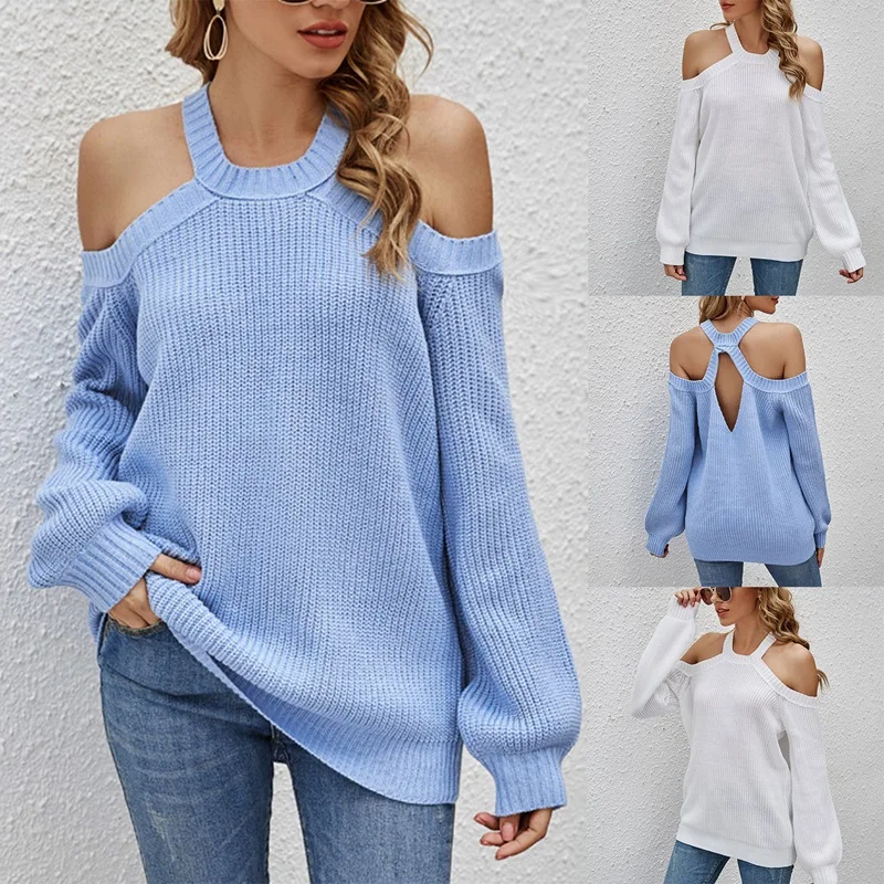

Womens Off Shoulder Sweaters Halter Cutout Back Loose Puff Long Sleeve Knit Pullover Tops