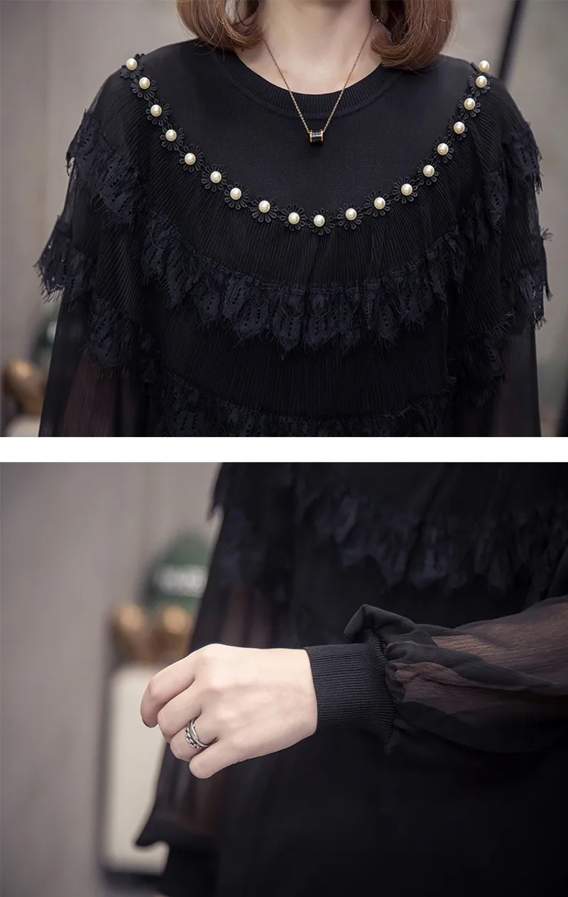 

2020 Autumn winter fashion elegant women pullover chiffon beaded lace stitching sweater long-sleeved sweater tops
