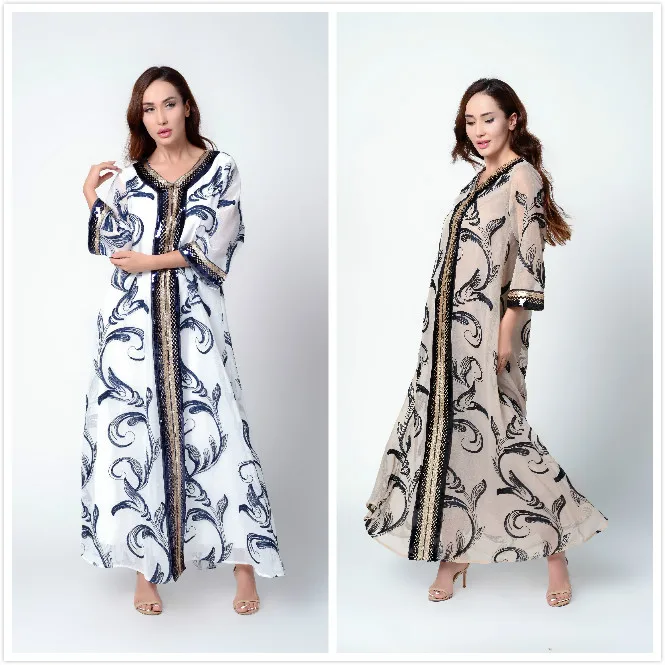 Мусульманское платье Дубай блестки вышивка V-образный вырез абайя арабский