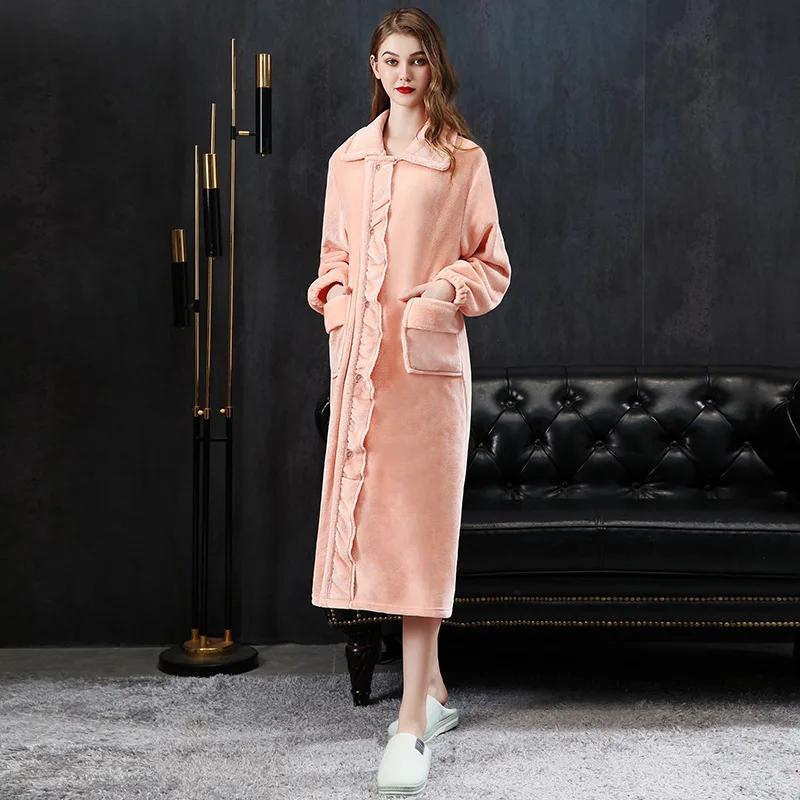 

Women Bathrobe Home Clothes Long Sleeved Dressing Gown Sleepwear Flannel Both Robe Winter Plush Lengthened Shawl Peignoir Femme