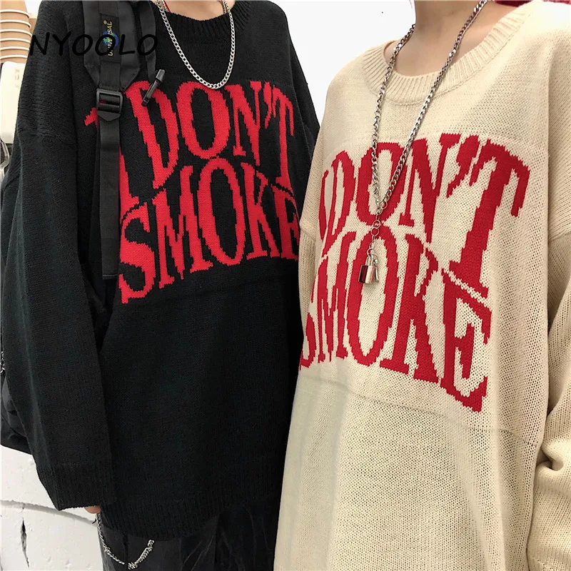 NYOOLO повседневный уличный жаккардовый свободный свитер с надписью «I't SMOKE», осенне-зимний пуловер с длинными рукавами и круглым вырезом, свитер для женщин и мужчин