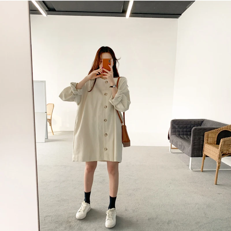 Однобортный миди платье Для женщин элегантное осеннее платье Повседневное с буффами на рукавах, свободные вечерние платья больших размеров с О-образным вырезом платье в Корейском стиле
