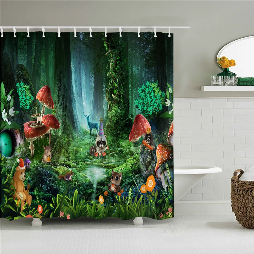 

Dream Forest Shower Curtains Cartoon Animals Fantasy Scenery Waterproof Bathroom Curtains With Hooks Home Decor Bath Screen