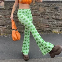y2k fashion heart pattern pants women high waist casual green flare pants elegant long trousers ladies streetwear female clothes